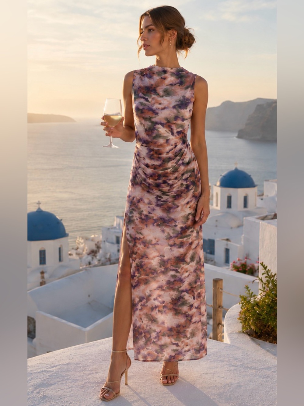 Sleeveless Purple Floral Maxi Dress with Side Slit
